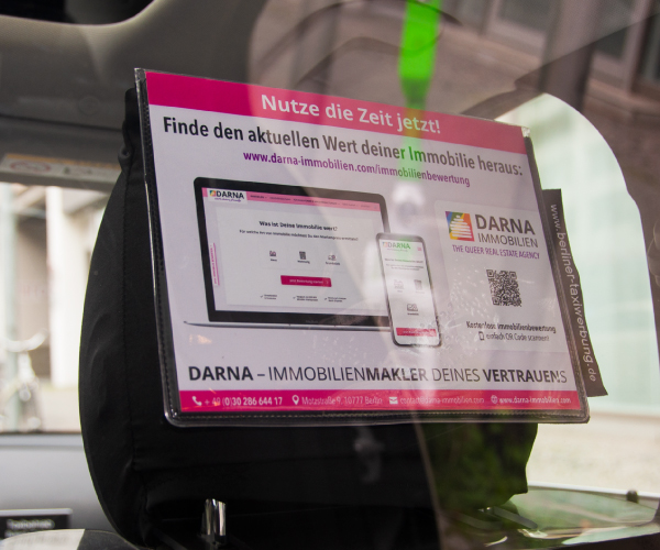 Taxi Innenraumwerbung Kopfstütze Darna Immobilien